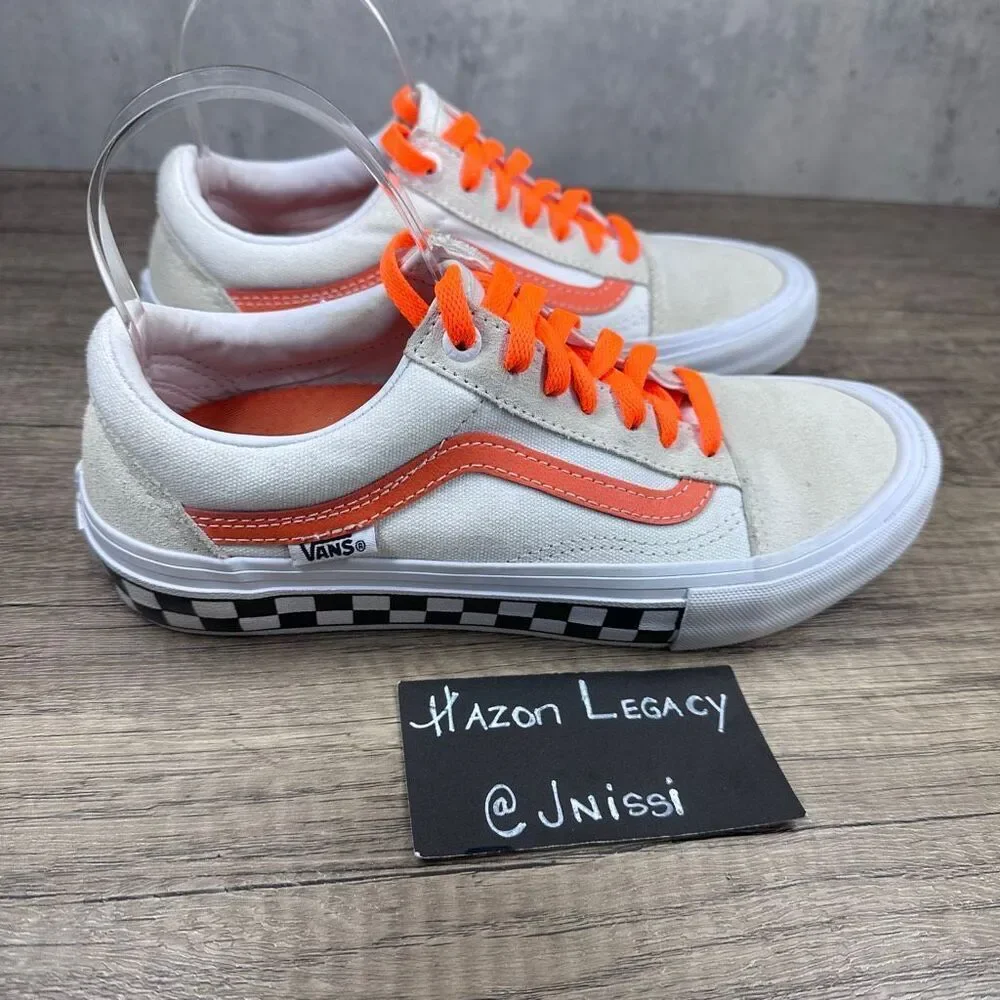 Vans~Mens~Old‎ Skool Pro Shoes White Orange Checkerboard Skate Sneakers~Size 6